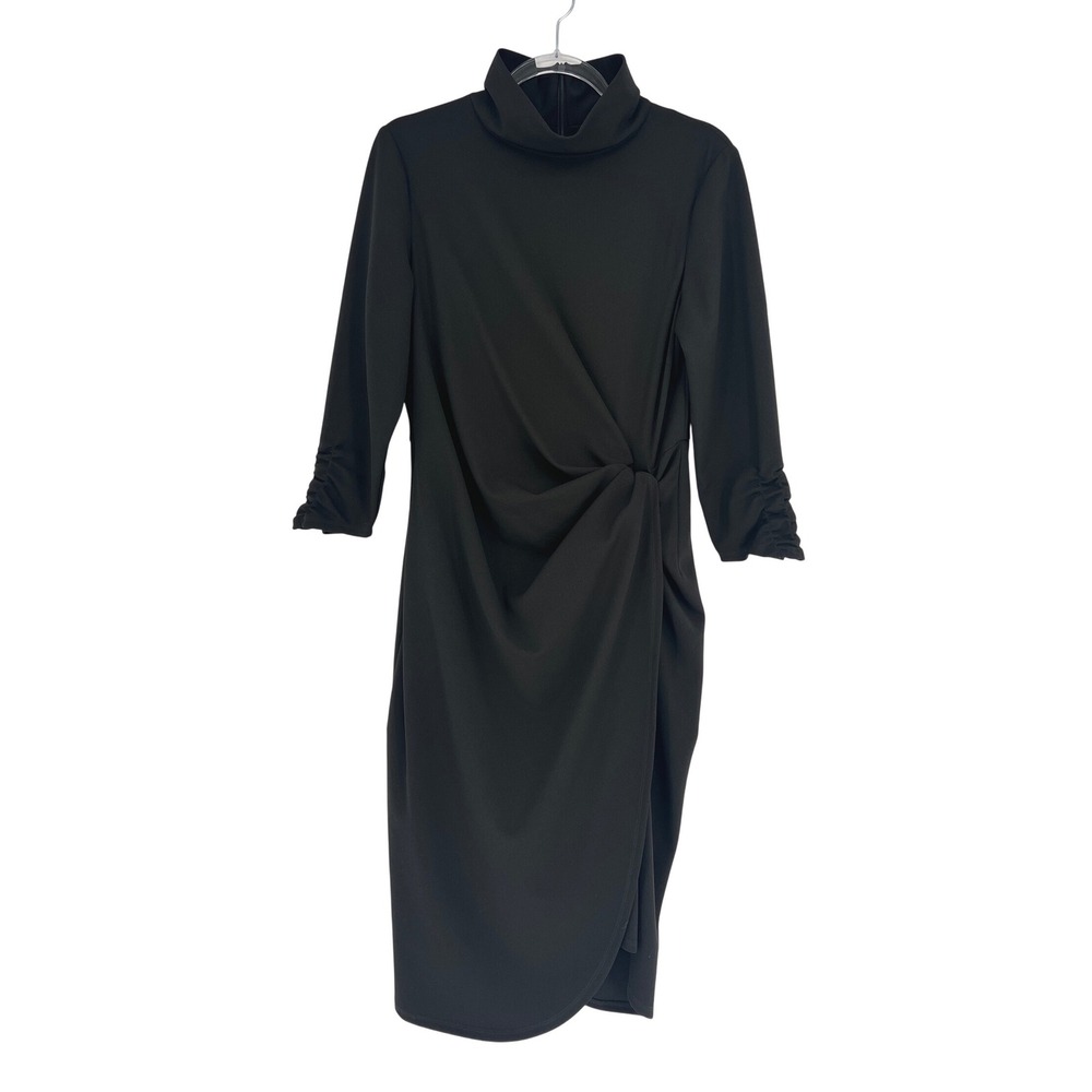 Tahari Arthur S Levine Black Crepe Twist Front Mock Neck Sheath Dress 12